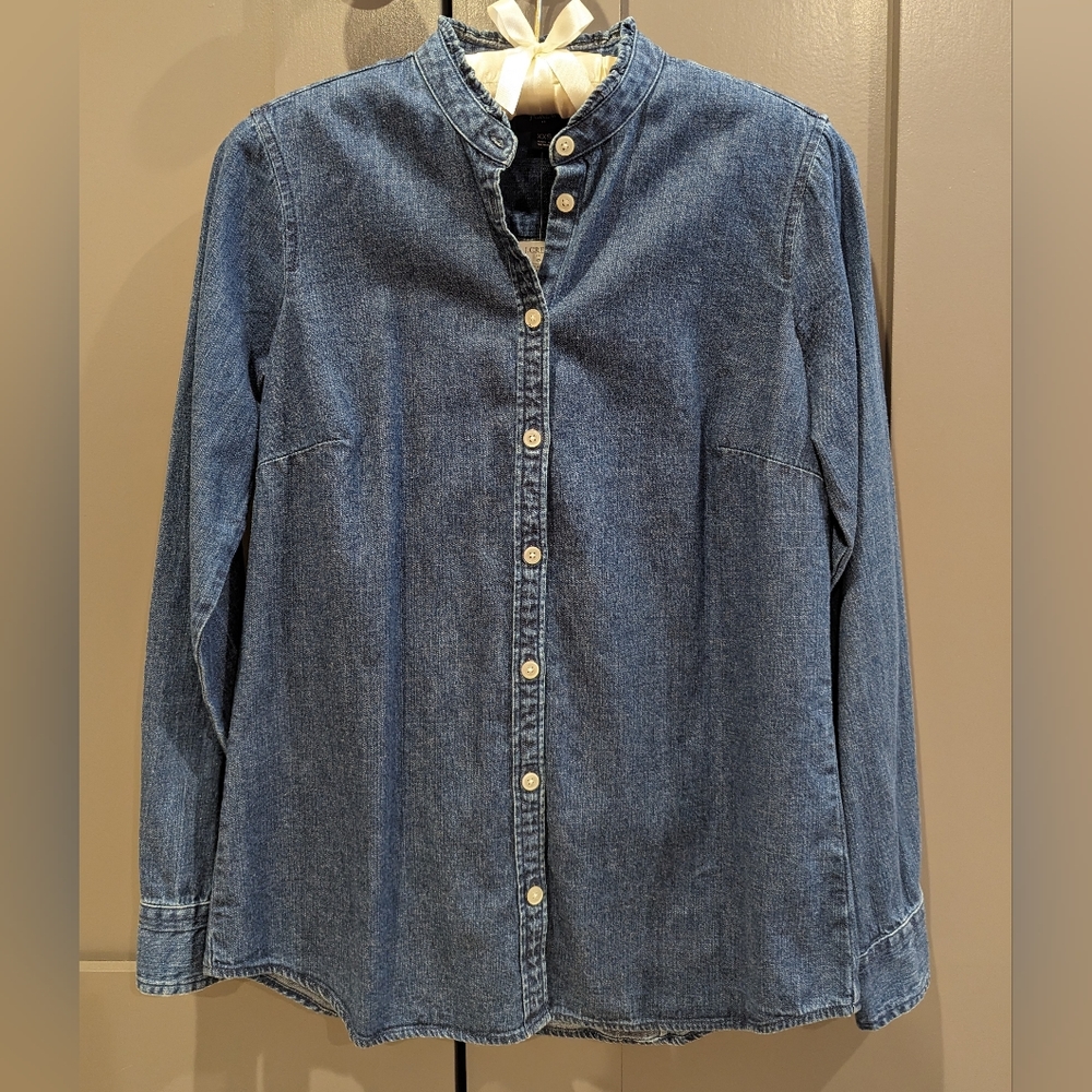 J Crew Denim Chambray Mock Neck Button Down Shirt